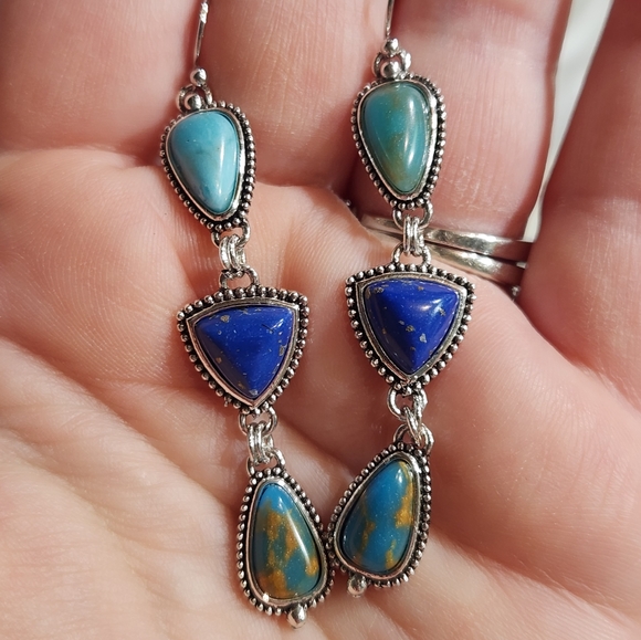 Silver Plated With Lapis Lazuli & Turquoise Dangle Earrings - Picture 6 of 11
